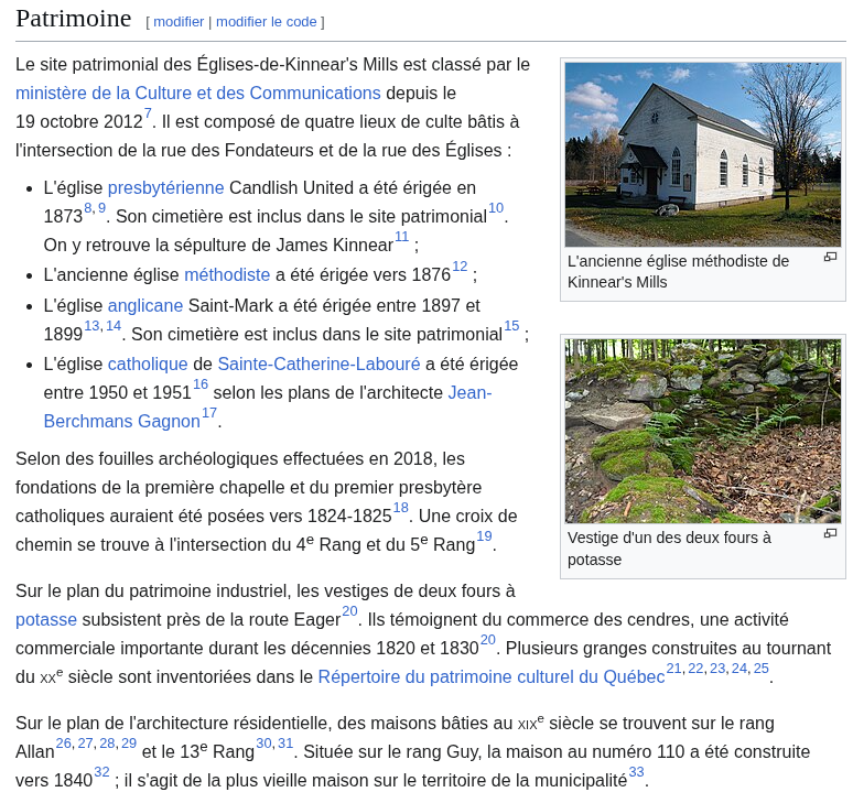 Section consacrée au patrimoine sur la page Wikipédia de Kinnear's Mills
